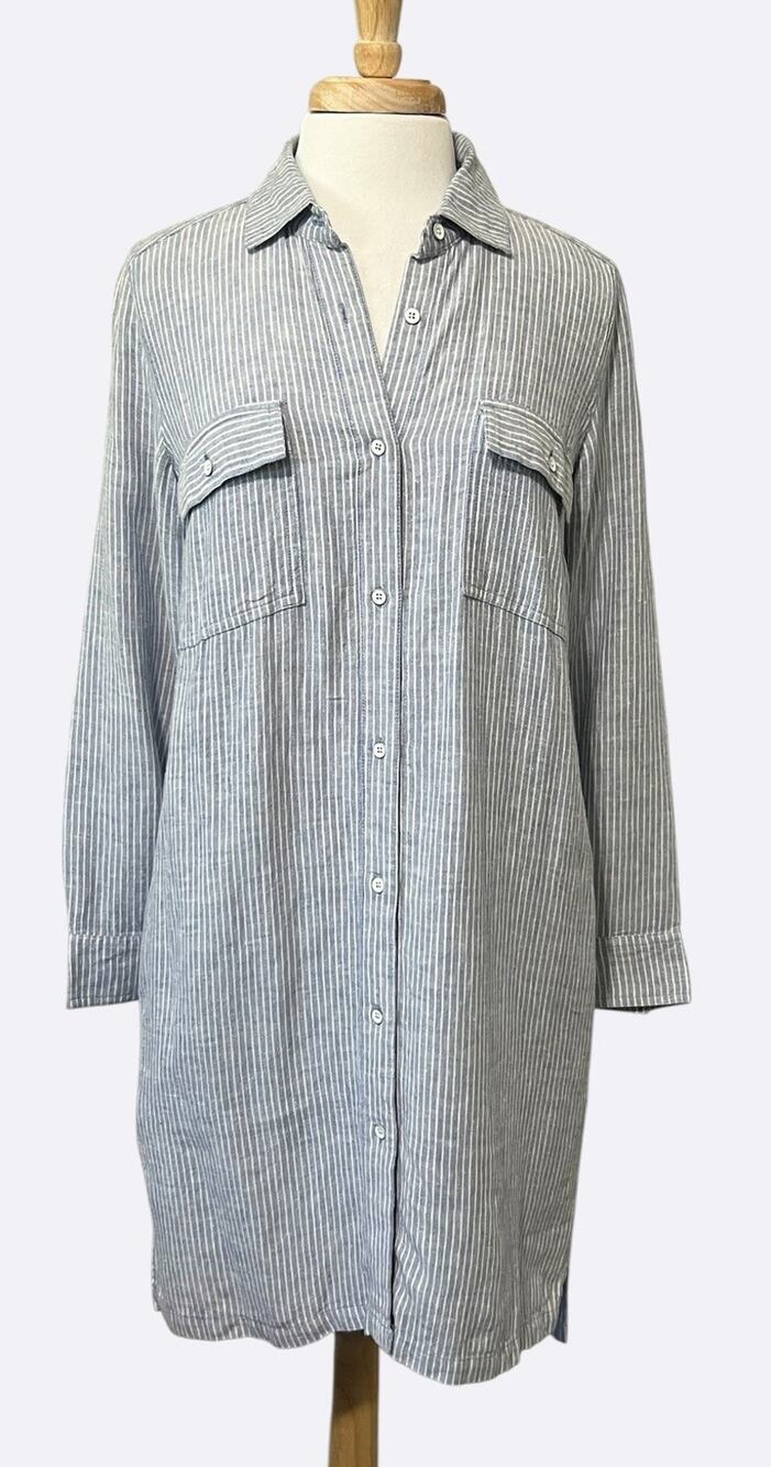 Old Navy Linen Blend Shirt Dress Striped Button Down Long Sleeve Sz S Preppy